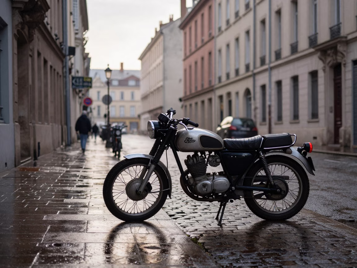 Early Morning Street Scene in Lyon France with Vintage Motorcycle and Local Market Activity in in Lyon, France