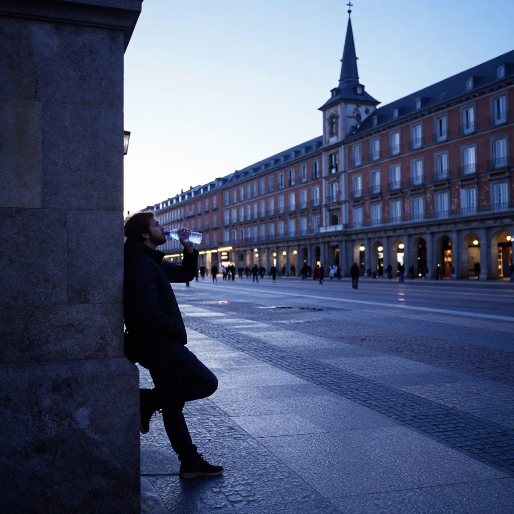Early Morning Street Scene in Madrid Spain at Dawn with Water Bottle in in Madrid, Spain