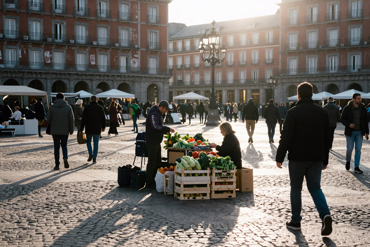 Early morning street scene in Madrid Spain with bustling activity and local details in in Madrid, Spain