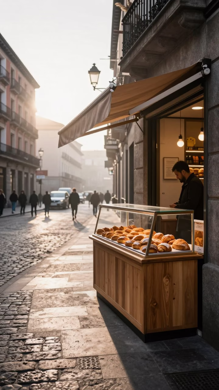 Early Morning Street Scene in Madrid Spain with Local Bakery Pastries and Fresh Herbs in in Madrid, Spain
