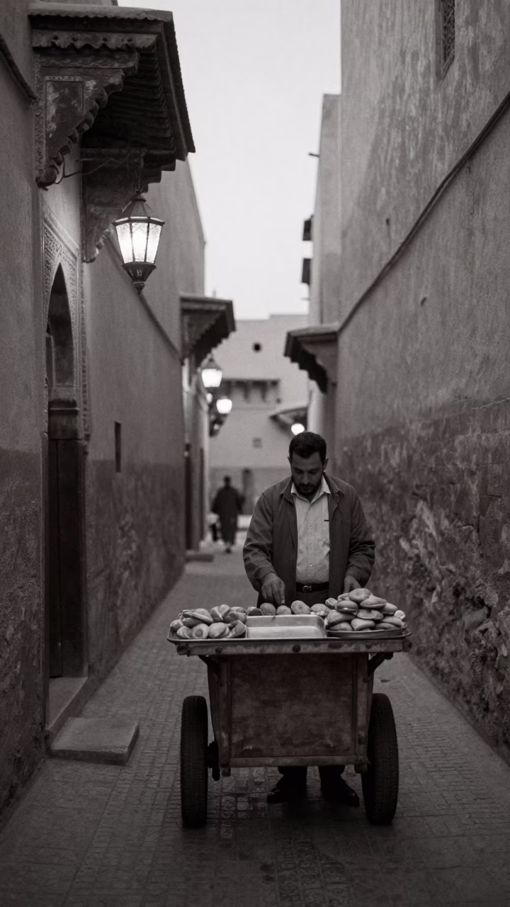 Early Morning Street Scene in Marrakech Morocco with Lanterns and Traditional Architecture in in Marrakech, Morocco
