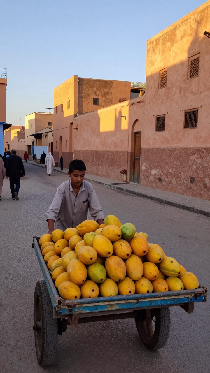 Early Morning Street Scene in Marrakech Morocco with Local Vendor and Fruit in in Marrakech, Morocco