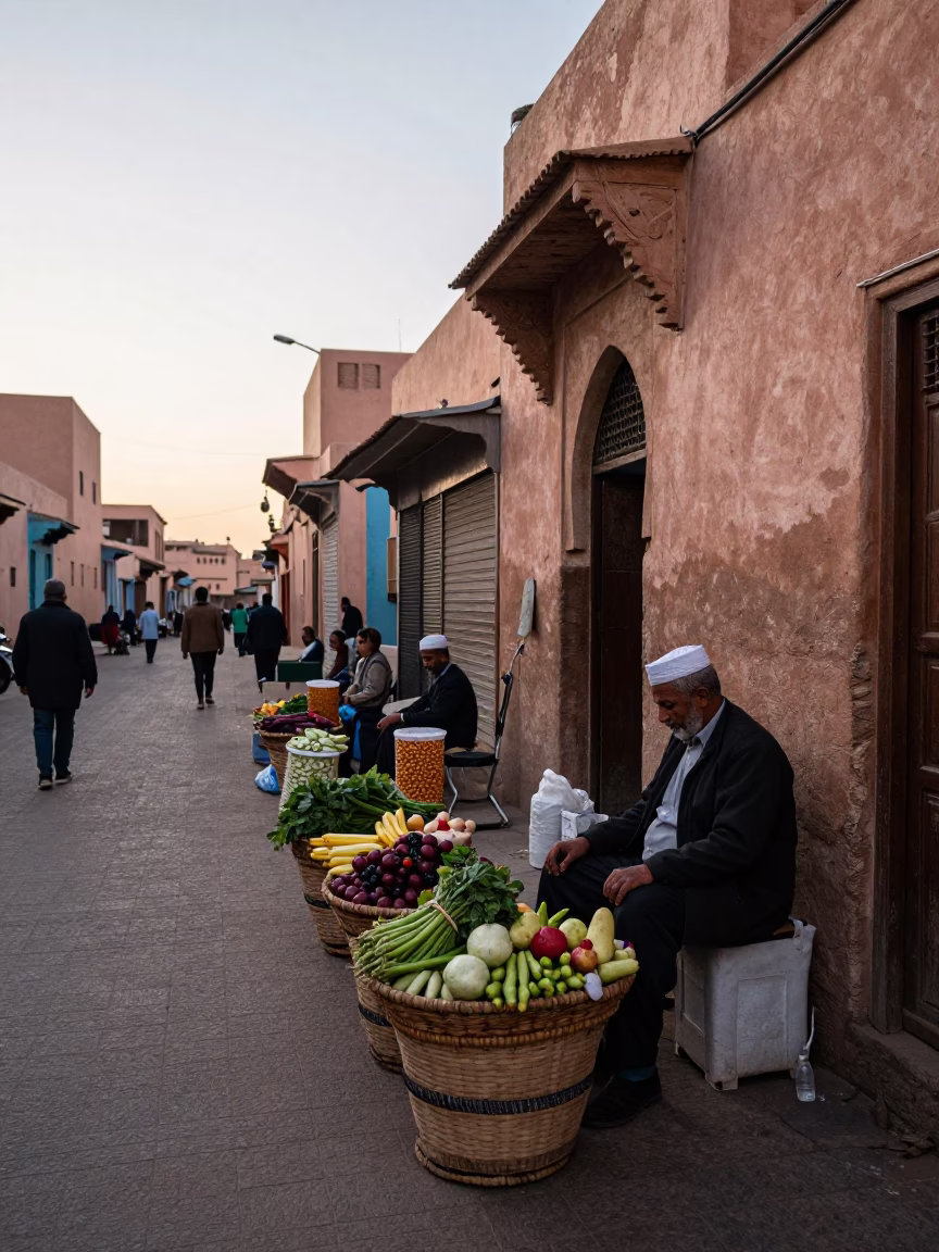 Early Morning Street Scene in Marrakech Morocco with Local Vendor and Traditional Basket in in Marrakech, Morocco