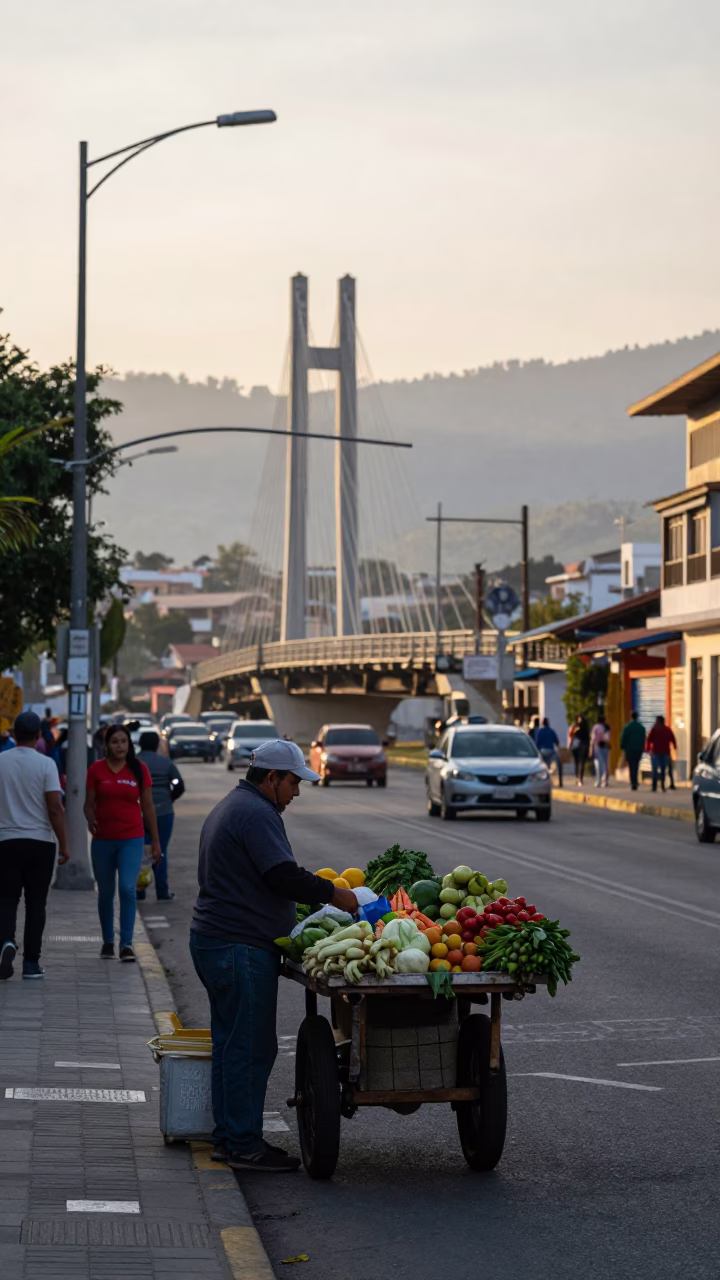 Early Morning Street Scene in Medellin Colombia with Bridge Pier and Dawn Light in in Medellin, Colombia