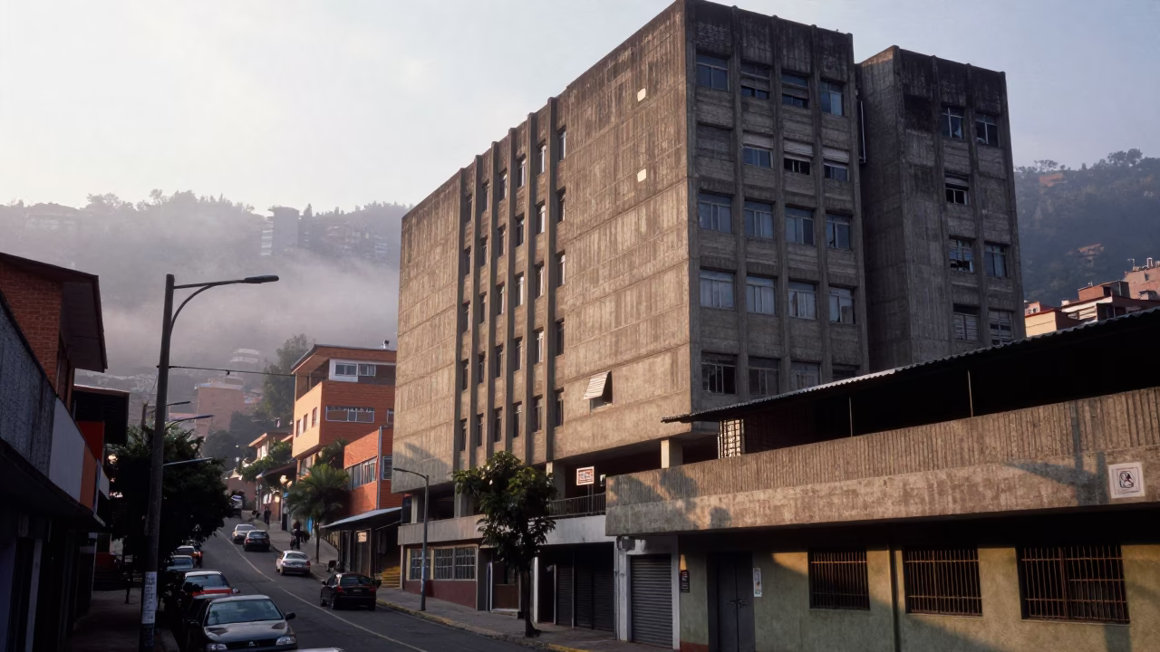 Early Morning Street Scene in Medellin Colombia with Concrete Brutalist Architecture in in Medellin, Colombia