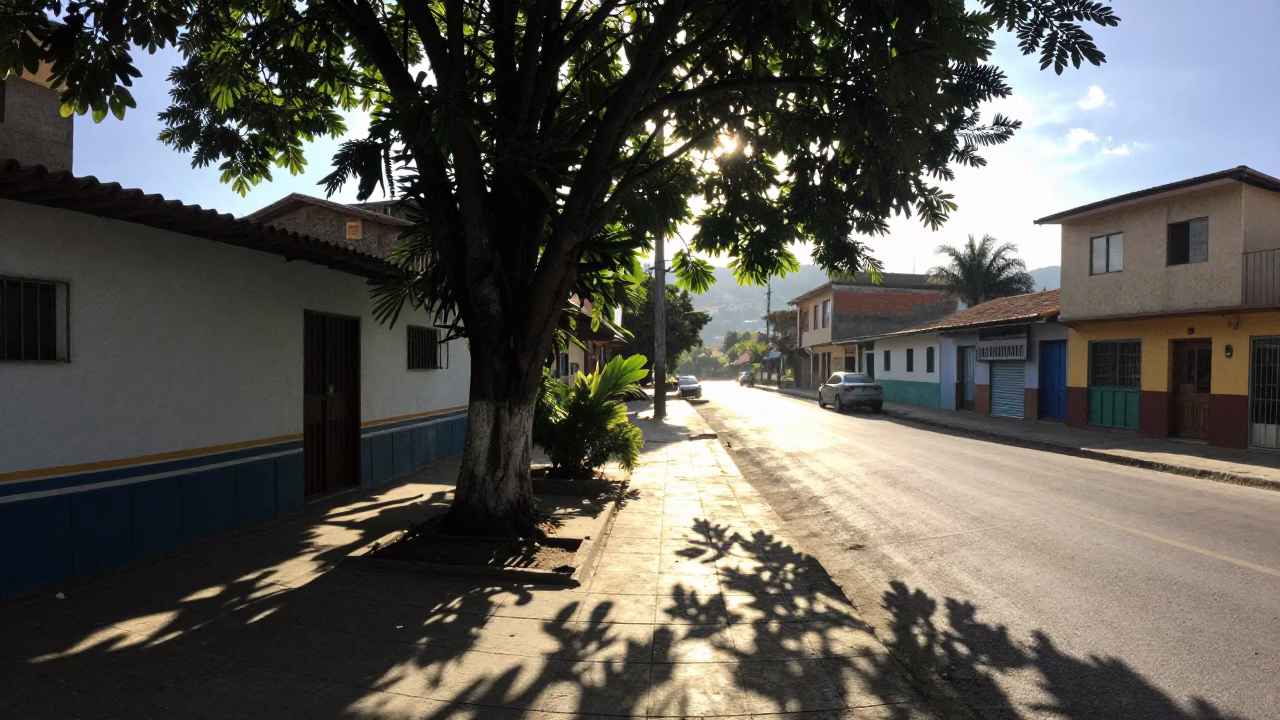 Early Morning Street Scene in Medellin Colombia with Leaf Shadows and Dew in in Medellin, Colombia