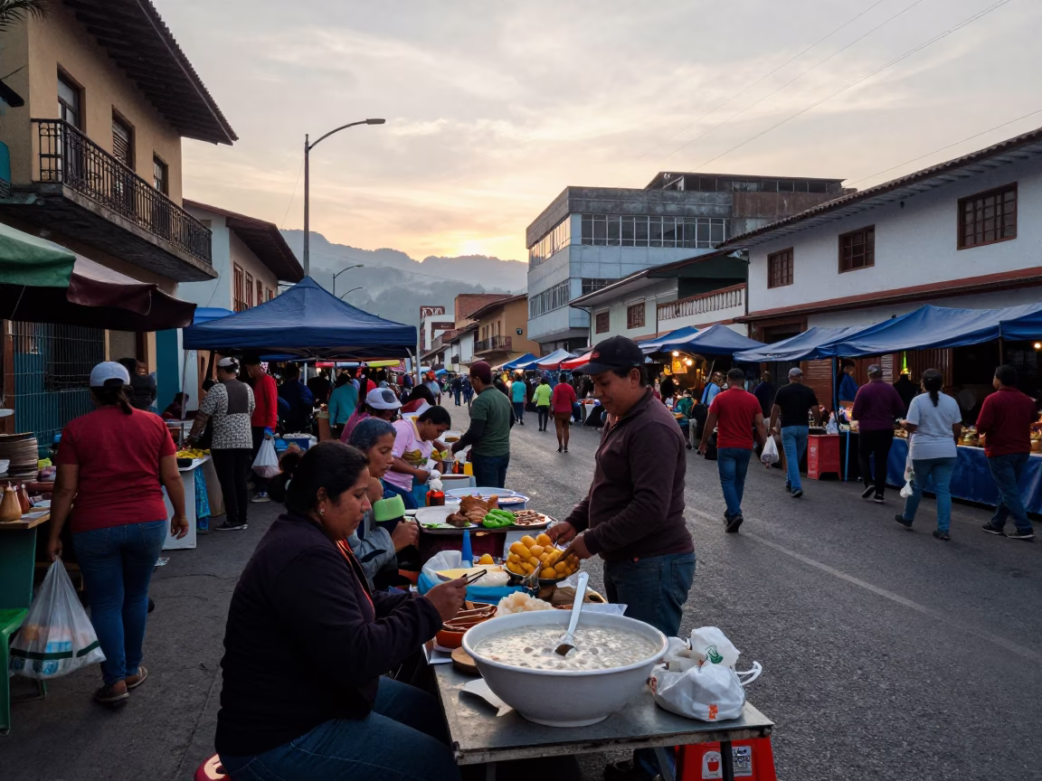 Early Morning Street Scene in Medellin Colombia with Local Market Activity in in Medellin, Colombia