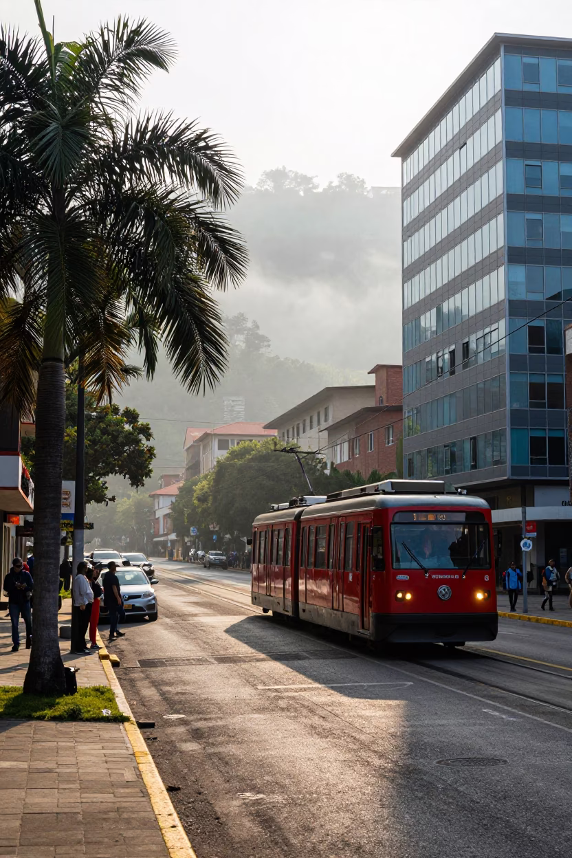 Early Morning Street Scene in Medellin Colombia with Monorail and Local Market Activity in in Medellin, Colombia