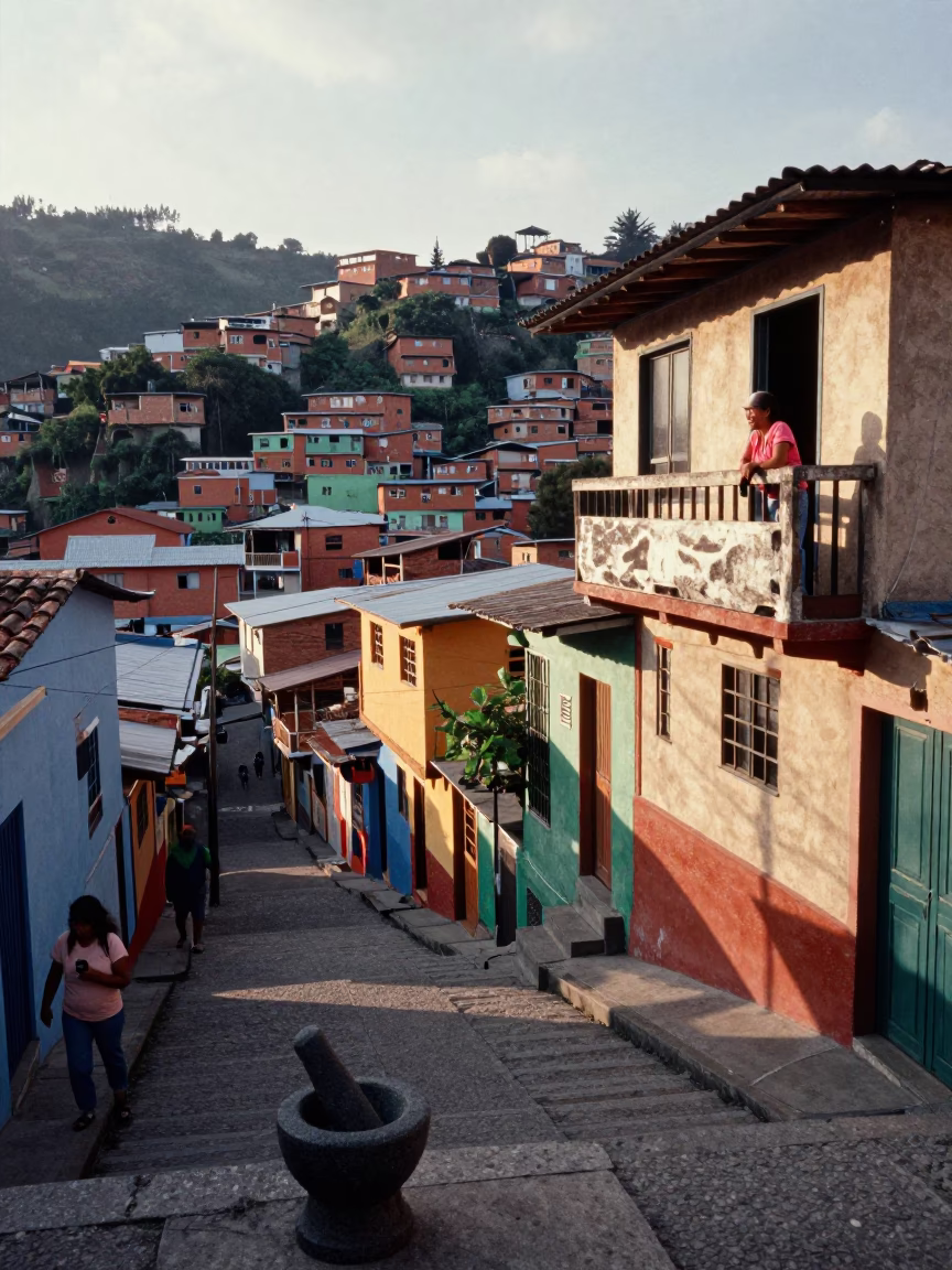Early Morning Street Scene in Medellin Colombia with Mortar and Pestle in in Medellin, Colombia