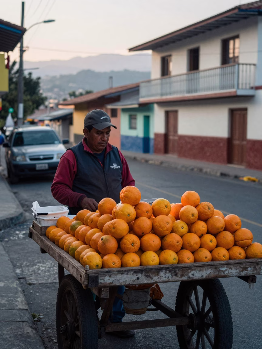 Early Morning Street Scene in Medellin Colombia with Oranges and Local Vendor in in Medellin, Colombia