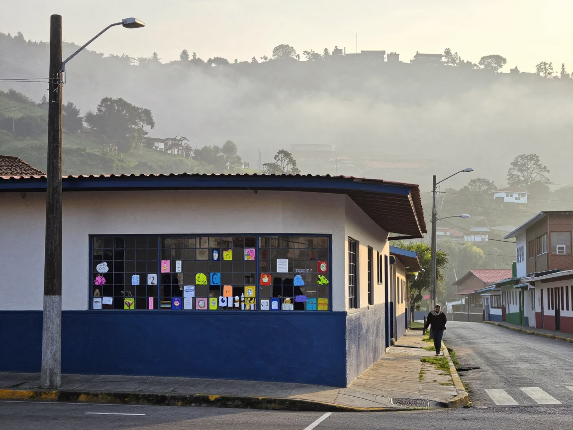 Early Morning Street Scene in Medellin Colombia with Preschool Window and Handmade Art in in Medellin, Colombia