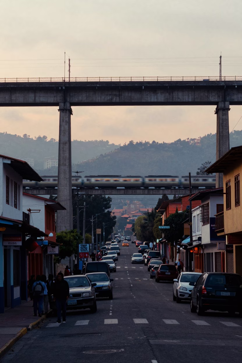 Early Morning Street Scene in Medellin Colombia with Railway Viaduct and Commuters in in Medellin, Colombia