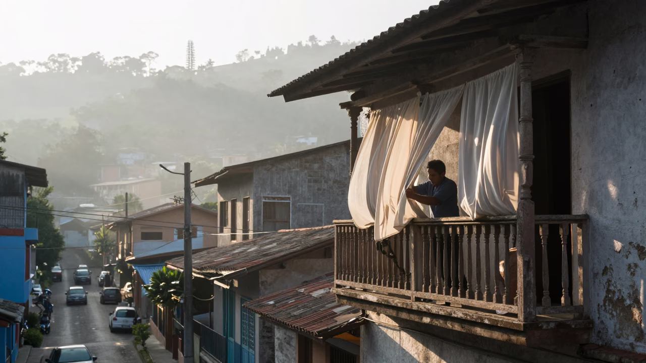 Early Morning Street Scene in Medellin Colombia with Window Curtains and Linen Fringe Details in in Medellin, Colombia