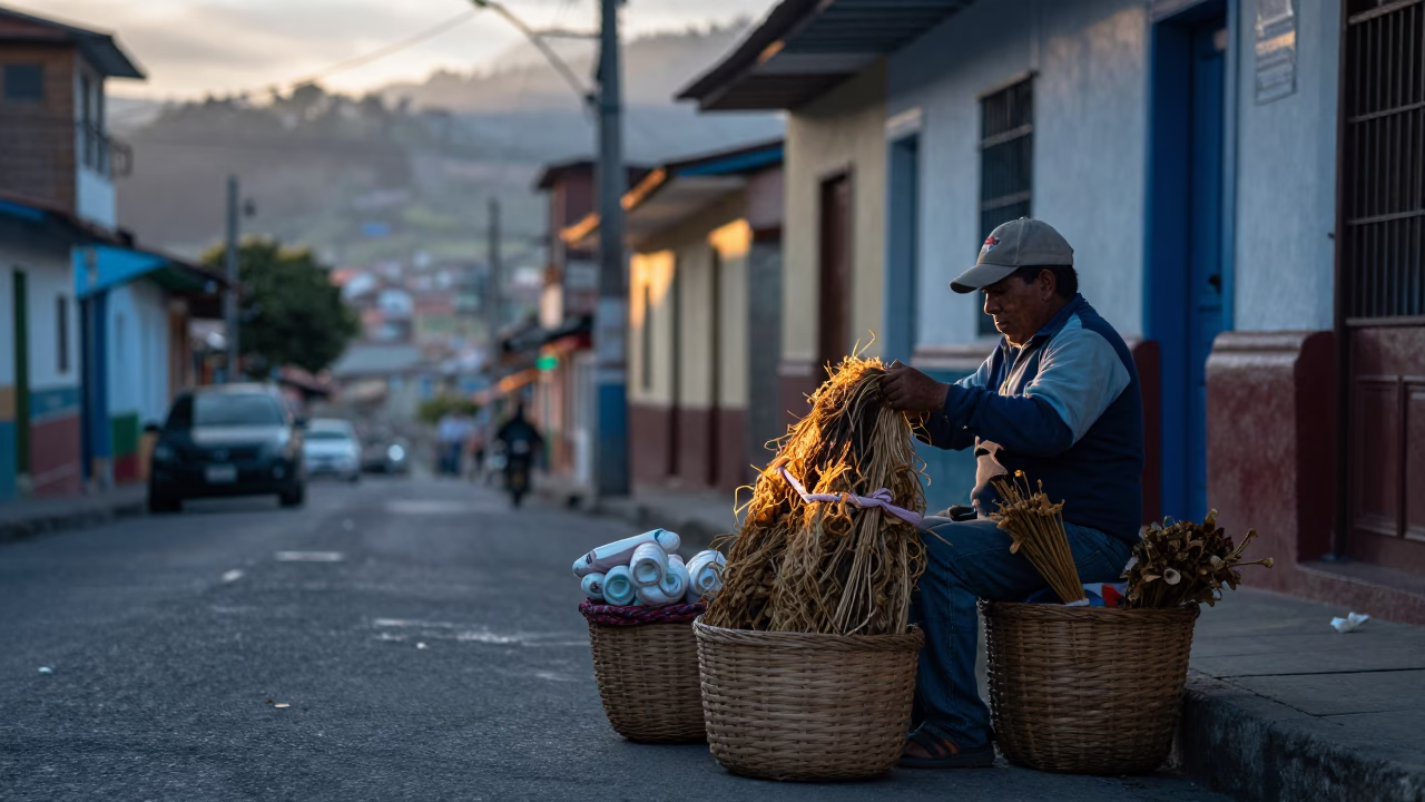 Early Morning Street Scene in Medellin Colombia with Woven Baskets and Motorcycle in in Medellin, Colombia