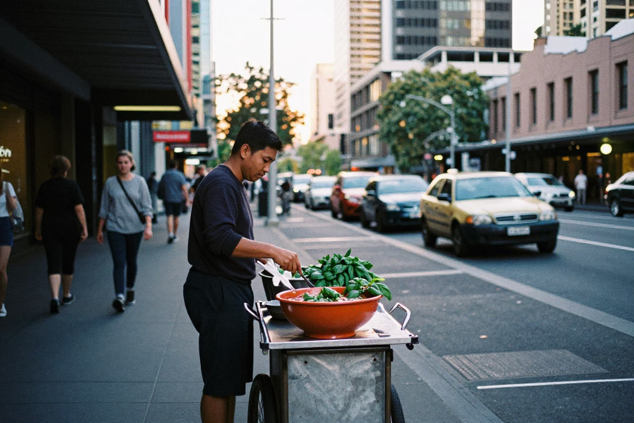 Early Morning Street Scene in Melbourne Victoria Australia with Vintage 1990s Aesthetic in in Melbourne, Victoria, Australia