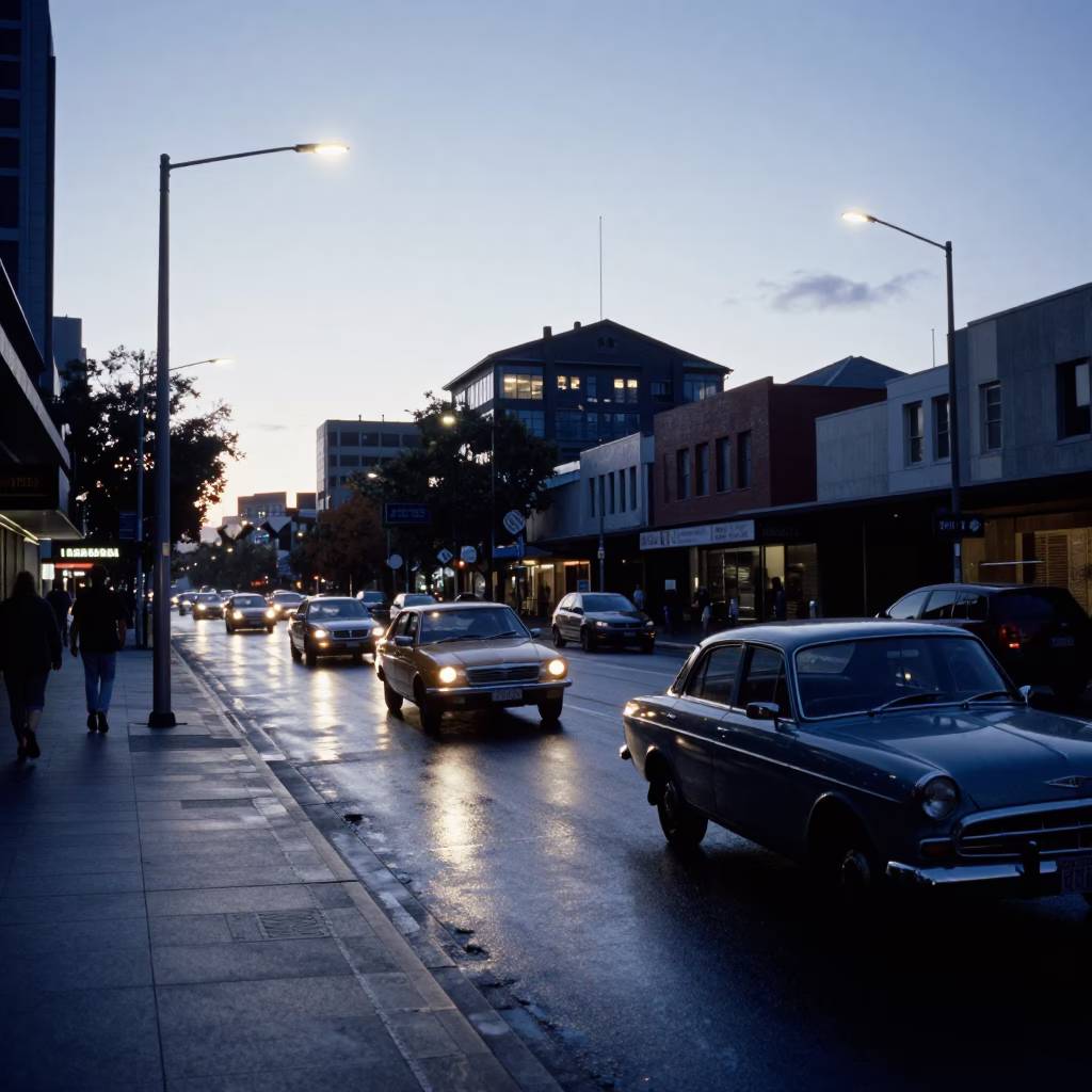 Early Morning Street Scene in Melbourne Victoria Australia with Vintage Cars and Pedestrians in in Melbourne, Victoria, Australia