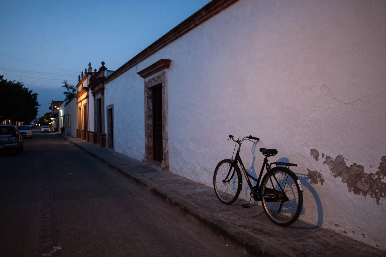 Early Morning Street Scene in Merida Mexico with Bicycle and Dawn Light in in Merida, Mexico