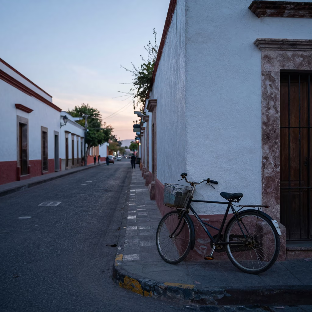 Early Morning Street Scene in Merida Mexico with Bicycle Basket and Sunlight in in Merida, Mexico