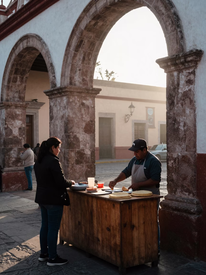 Early Morning Street Scene in Merida Mexico with Local Breakfast and Colonial Architecture in in Merida, Mexico