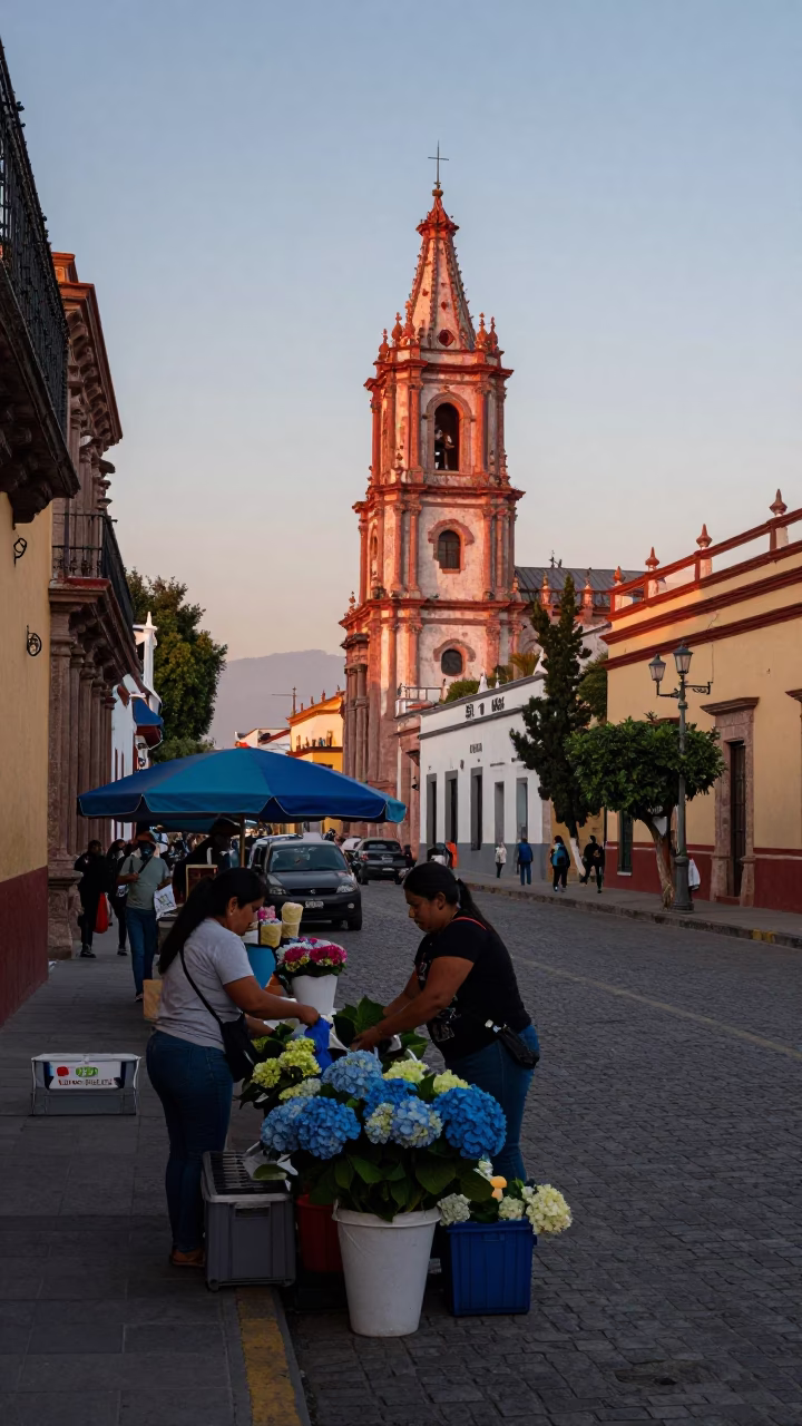 Early Morning Street Scene in Merida Mexico with Local Market Activity in in Merida, Mexico