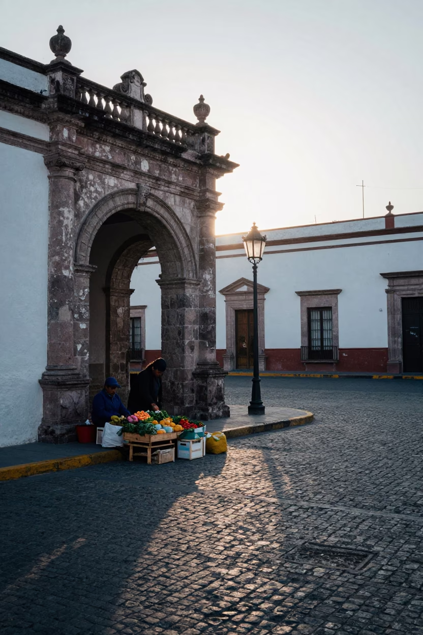 Early Morning Street Scene in Merida Mexico with Local Vendor and Boot Scraper in in Merida, Mexico