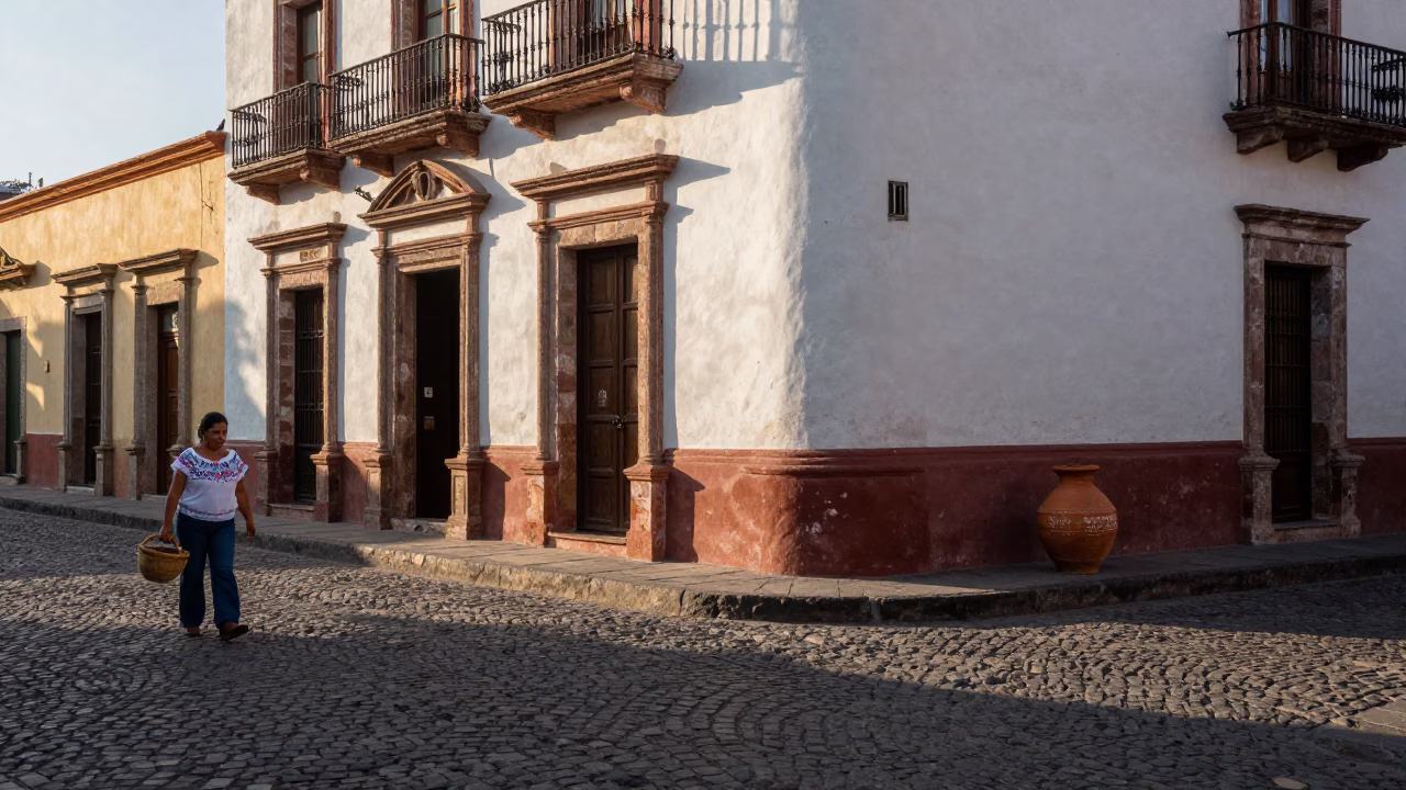 Early Morning Street Scene in Merida Mexico with Terracotta Pot in in Merida, Mexico