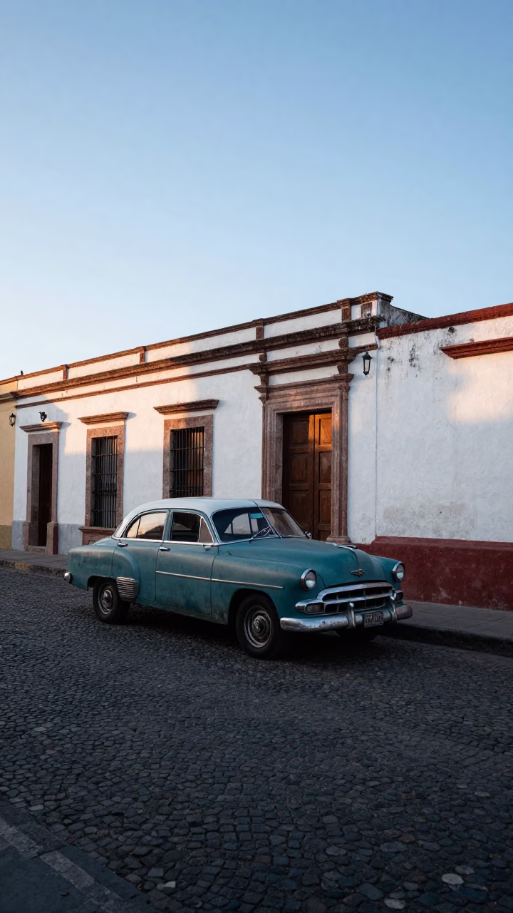 Early Morning Street Scene in Merida Mexico with Vintage 1960s Car and Local Commerce in in Merida, Mexico
