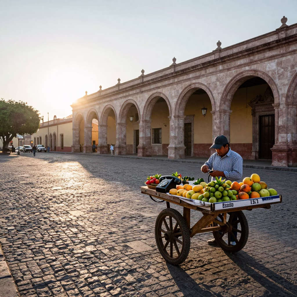 Early Morning Street Scene in Merida Mexico with Vintage Bakelite Telephone and Local Architecture in in Merida, Mexico