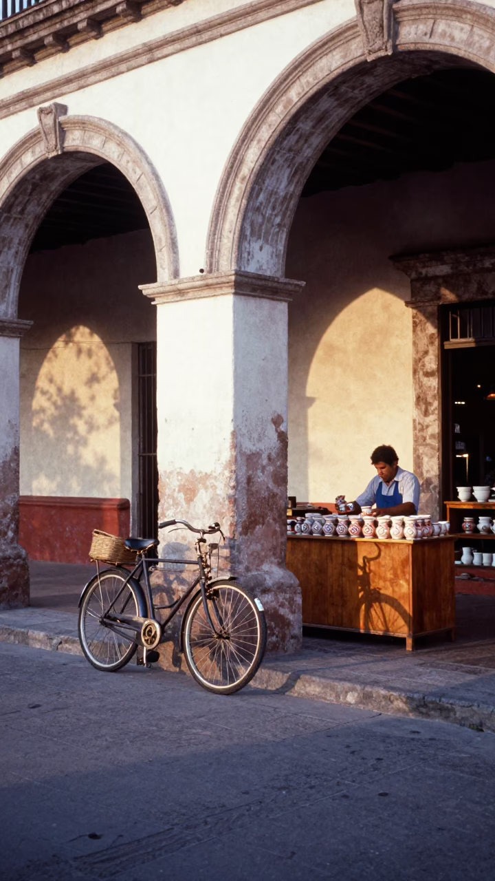 Early Morning Street Scene in Merida Mexico with Vintage Bicycle and Ceramic Cup in in Merida, Mexico