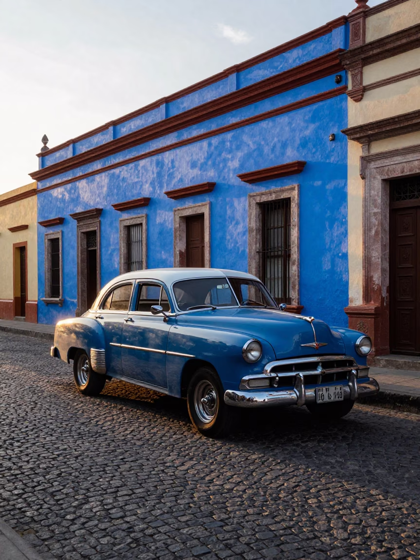 Early Morning Street Scene in Merida Mexico with Vintage Car and Colonial Architecture in in Merida, Mexico