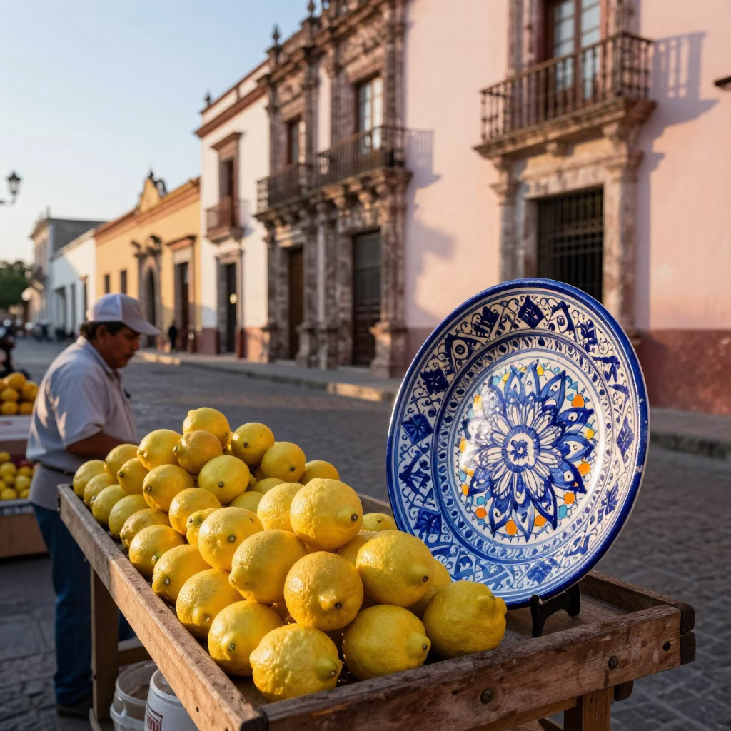 Early Morning Street Scene in Merida Mexico with Vintage Majolica Plate and Lemons in in Merida, Mexico