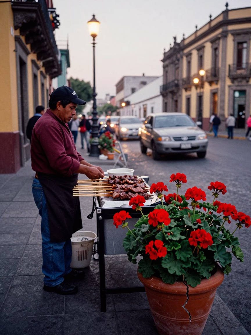 Early Morning Street Scene in Mexico City with Anticuchos and Geraniums in in Mexico City, Mexico