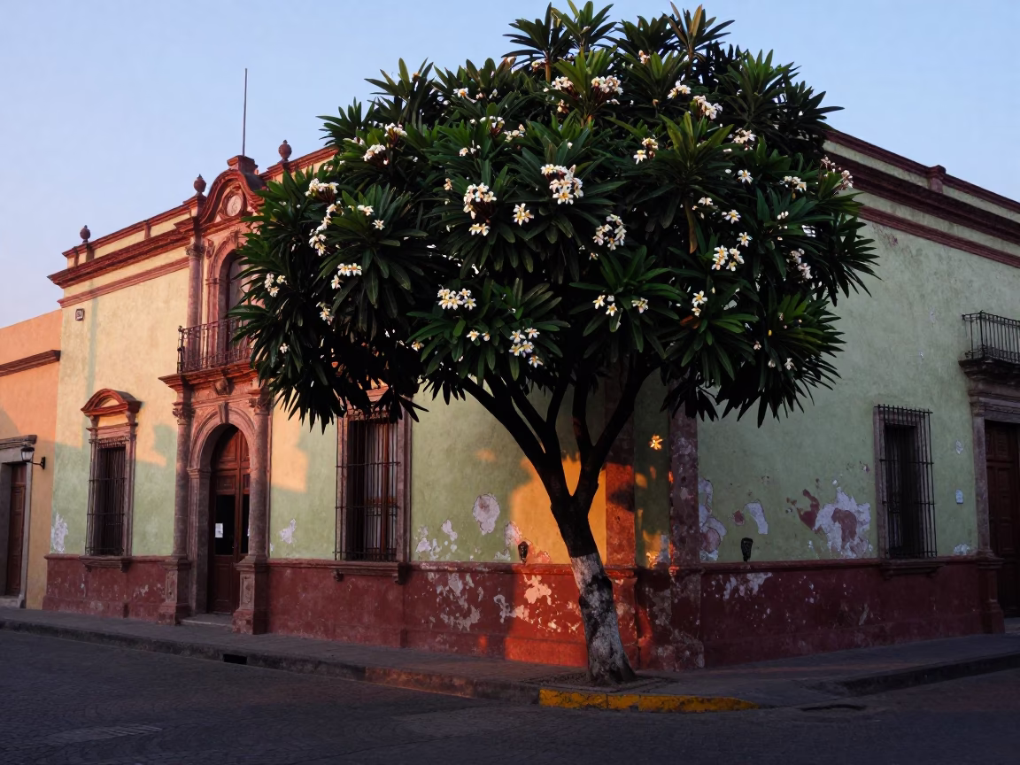 Early Morning Street Scene in Mexico City with Frangipani Tree and Vine in in Mexico City, Mexico