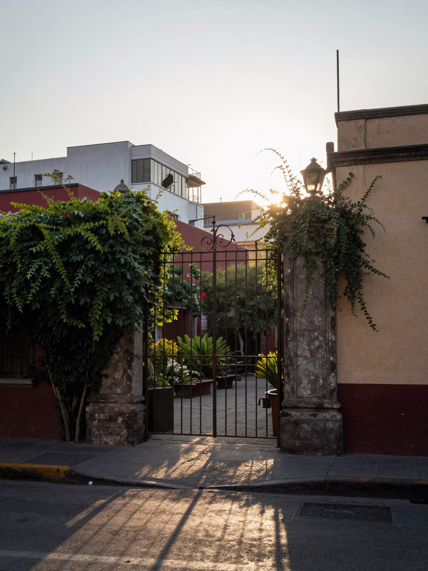Early Morning Street Scene in Mexico City with Ivy and Garden Gate in in Mexico City, Mexico