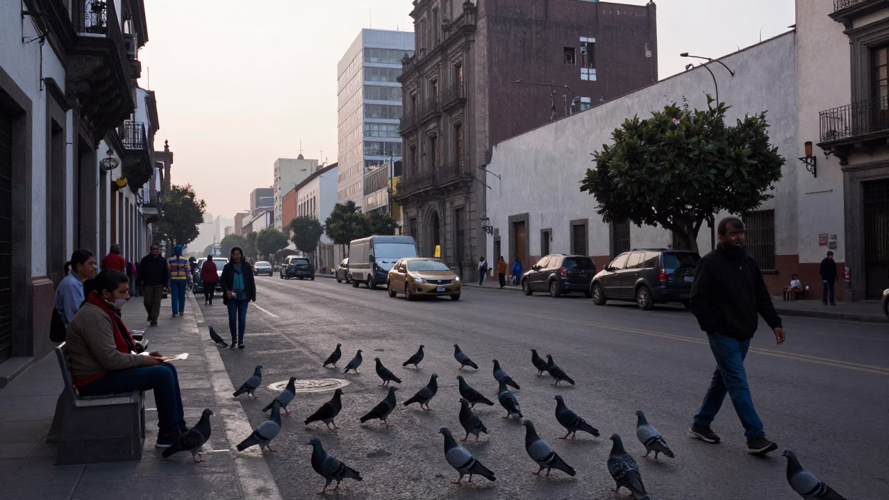 Early Morning Street Scene in Mexico City with Pigeons and Churros Vendor in in Mexico City, Mexico