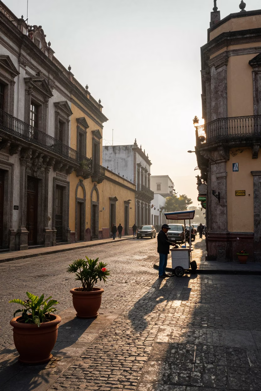Early Morning Street Scene in Mexico City with Plant Pots and Coffee Tin in in Mexico City, Mexico