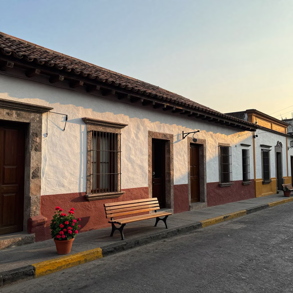 Early Morning Street Scene in Mexico City with Potted Geraniums and Wooden Bench in in Mexico City, Mexico