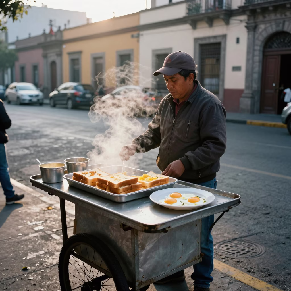 Early Morning Street Scene in Mexico City with Traditional Breakfast and Porcelain Bowl in in Mexico City, Mexico