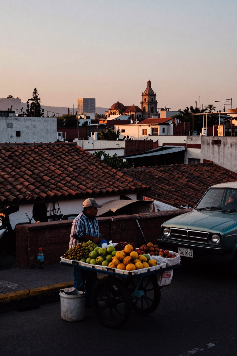 Early Morning Street Scene in Mexico City with Vendors and Vintage Cars at Dawn in in Mexico City, Mexico