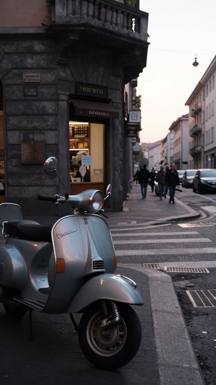 Early Morning Street Scene in Milan Italy with Vintage 1990s Aesthetic and Local Life in in Milan, Italy