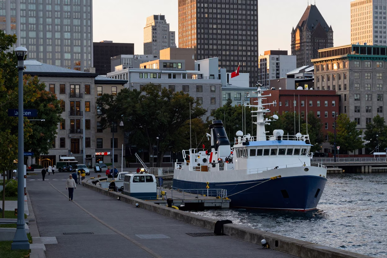 Early Morning Street Scene in Montreal Quebec Canada with Hydrophone Array and River Outfall in in Montreal, Quebec, Canada