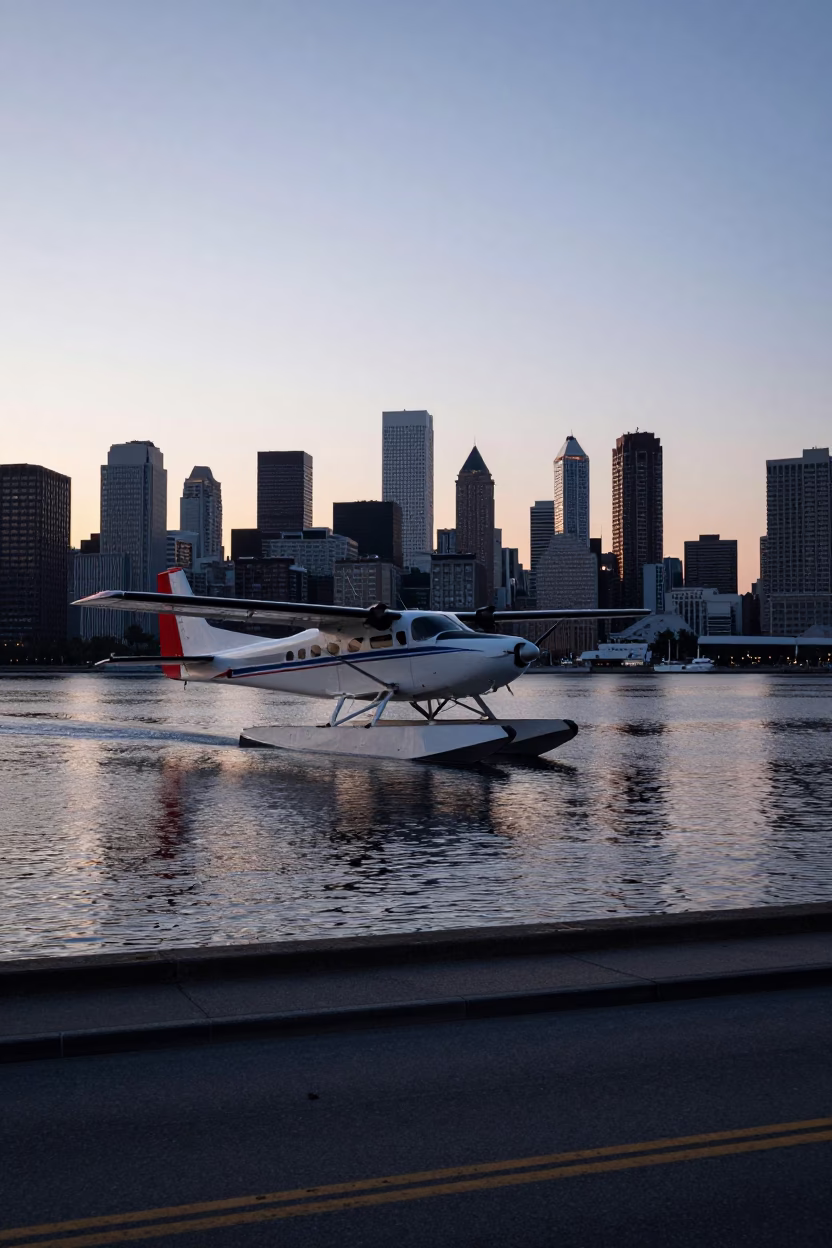 Early morning street scene in Montreal Quebec with seaplane landing on St Lawrence River in in Montreal, Quebec, Canada