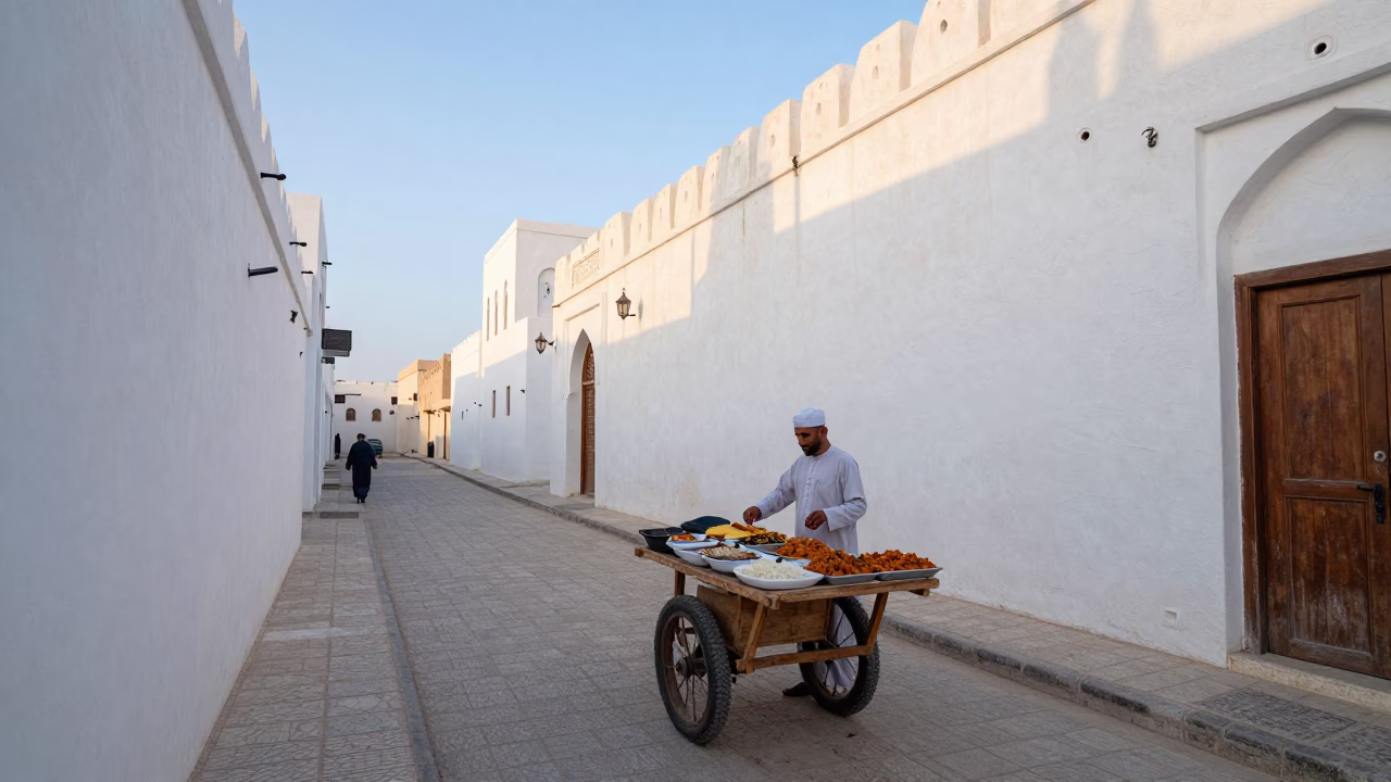 Early Morning Street Scene in Muscat Oman with Traditional Food and Local Details in in Muscat, Oman