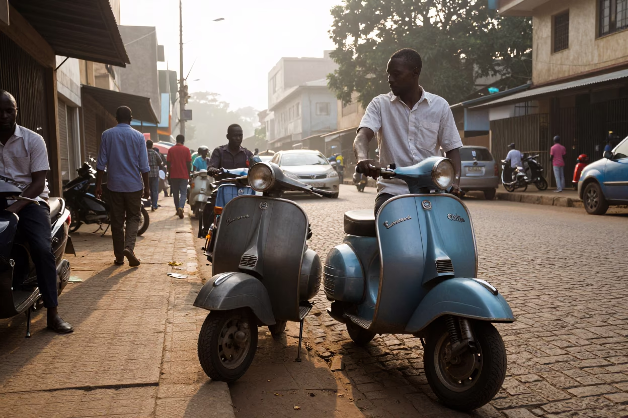 Early Morning Street Scene in Nairobi Kenya With Vintage Vespa and Busy Urban Activity in in Nairobi, Kenya