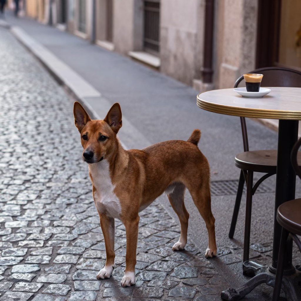 Early Morning Street Scene in Nice France with Basenji and Coffee Cup in in Nice, France