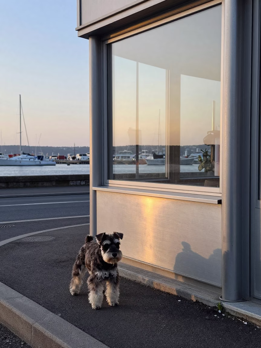 Early Morning Street Scene in Nice France with Brushed Steel and Standard Schnauzer in in Nice, France
