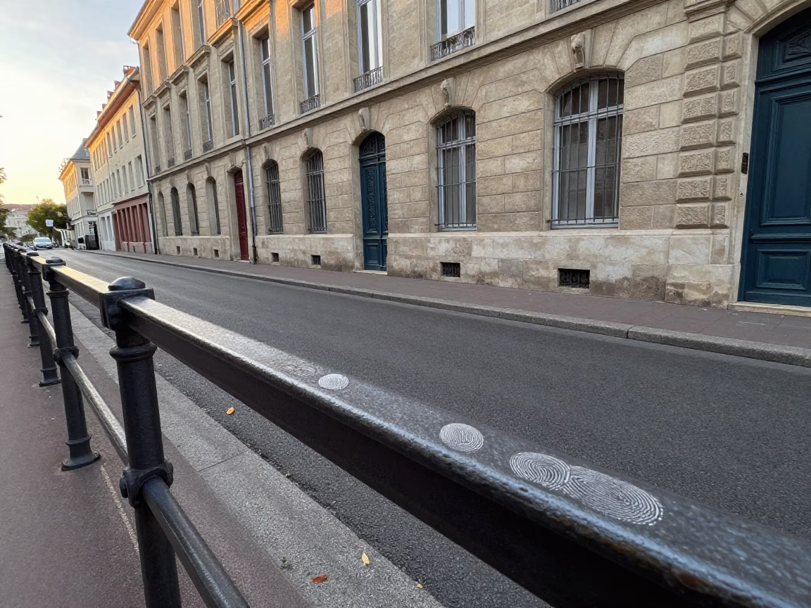 Early Morning Street Scene in Nice France with Fingerprinted Rail and Local Market Details in in Nice, France