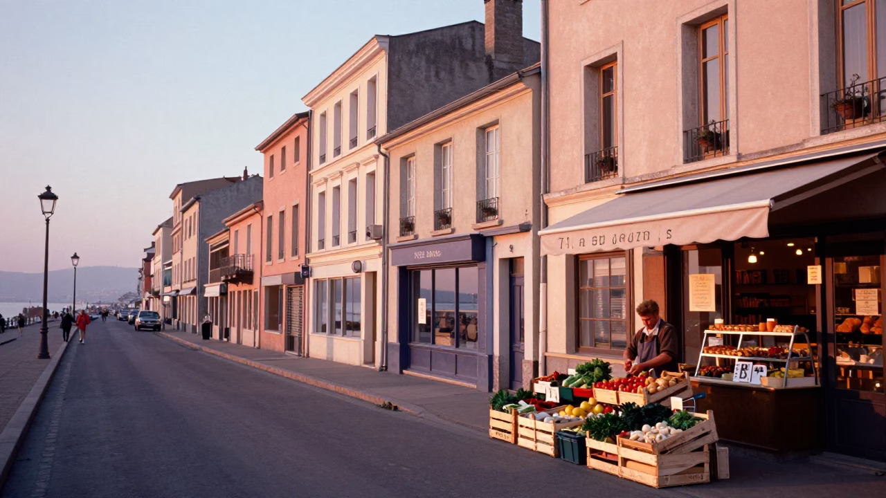 Early Morning Street Scene in Nice France with Local Bakery and Pedestrians in in Nice, France