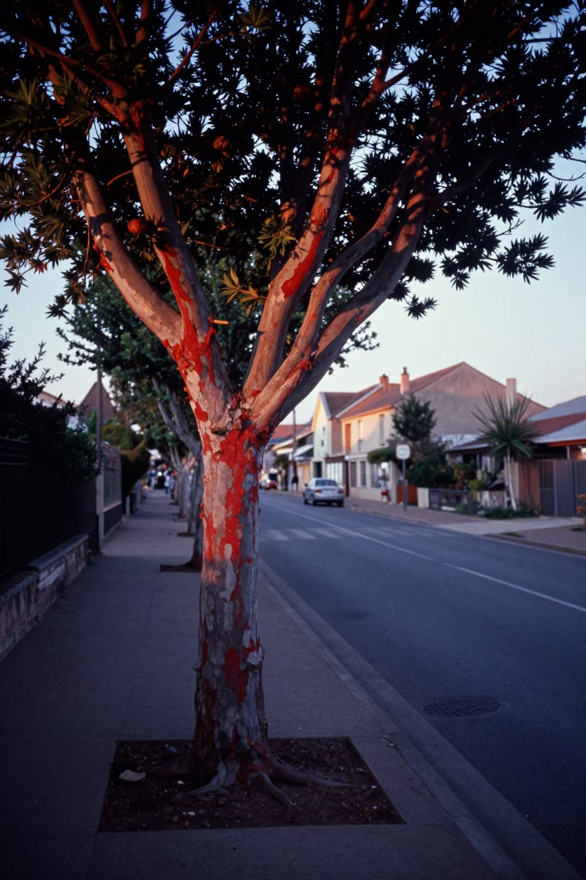 Early Morning Street Scene in Nice France with Madrone Tree and Dog in in Nice, France