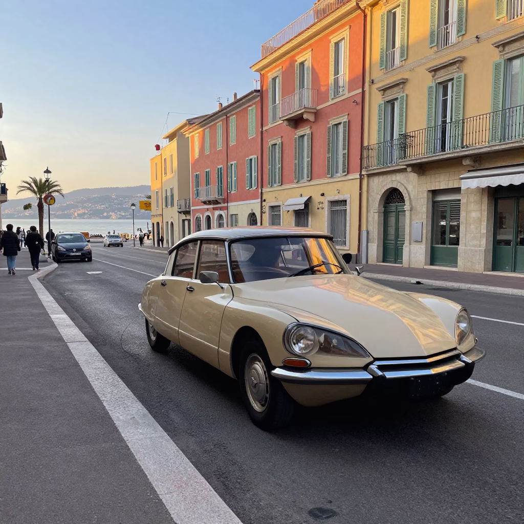 Early Morning Street Scene in Nice France with Vintage Car and Pedestrians in in Nice, France